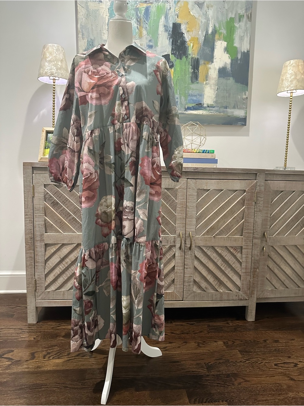 Maeve The Bettina Sage Floral Tiered Maxi Dress with Rose Print